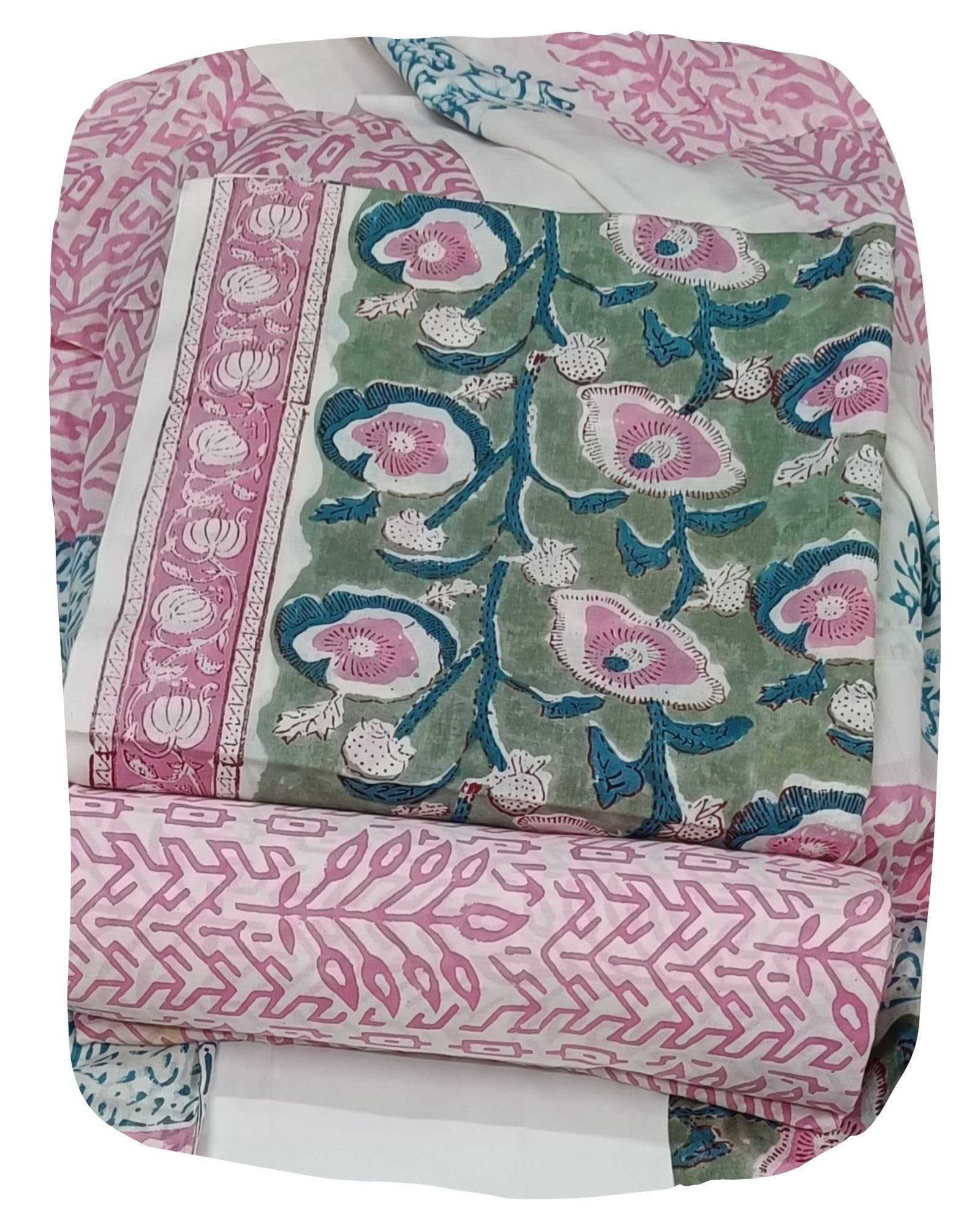 DRAVINAM Trends Hand Block Print Sanganeri Cambric Unstitched Cotton Suit Dress Material for Women with Mulmul Cotton Hand Printed Dupatta