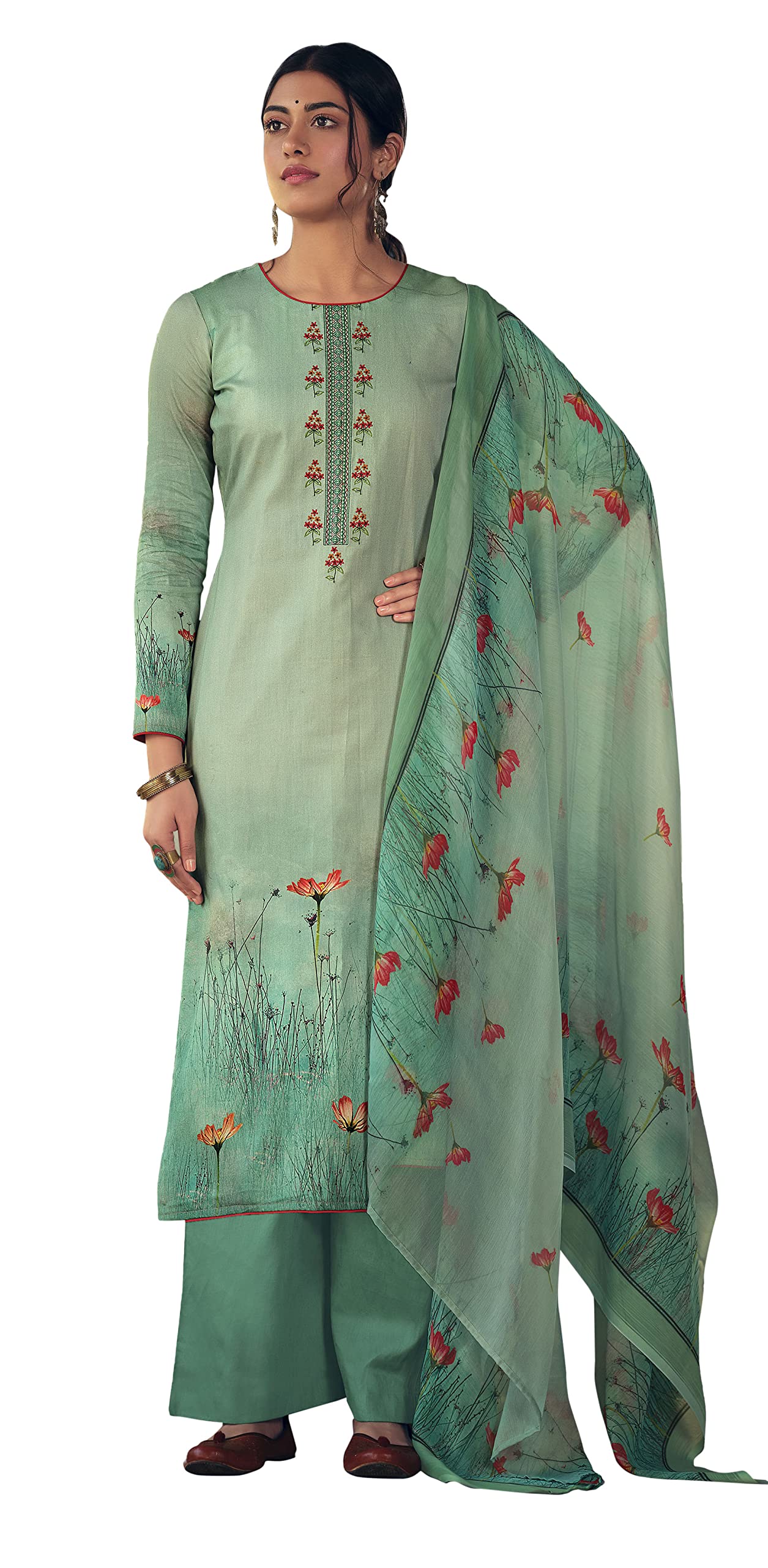 DRAVINAM Trends Women's Office Wear Pure Jam Cotton Digital Printed Heavy Embroidered Salwar Suit Material with Pure Bemberg Half Pure Four Side Lace Dupatta/Chunni (Green)