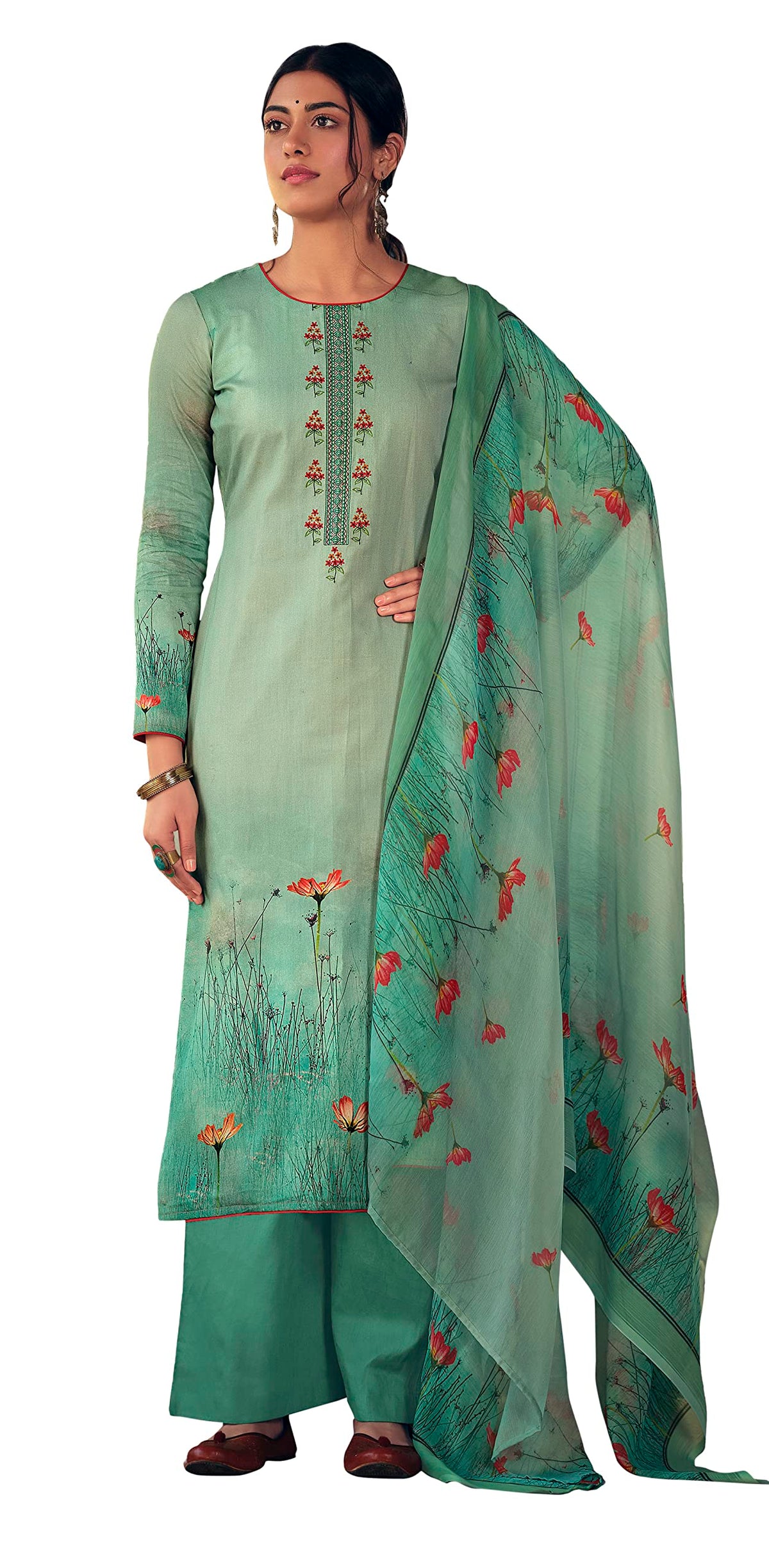 DRAVINAM Trends Women's Office Wear Pure Jam Cotton Digital Printed Heavy Embroidered Salwar Suit Material with Pure Bemberg Half Pure Four Side Lace Dupatta/Chunni (Green)