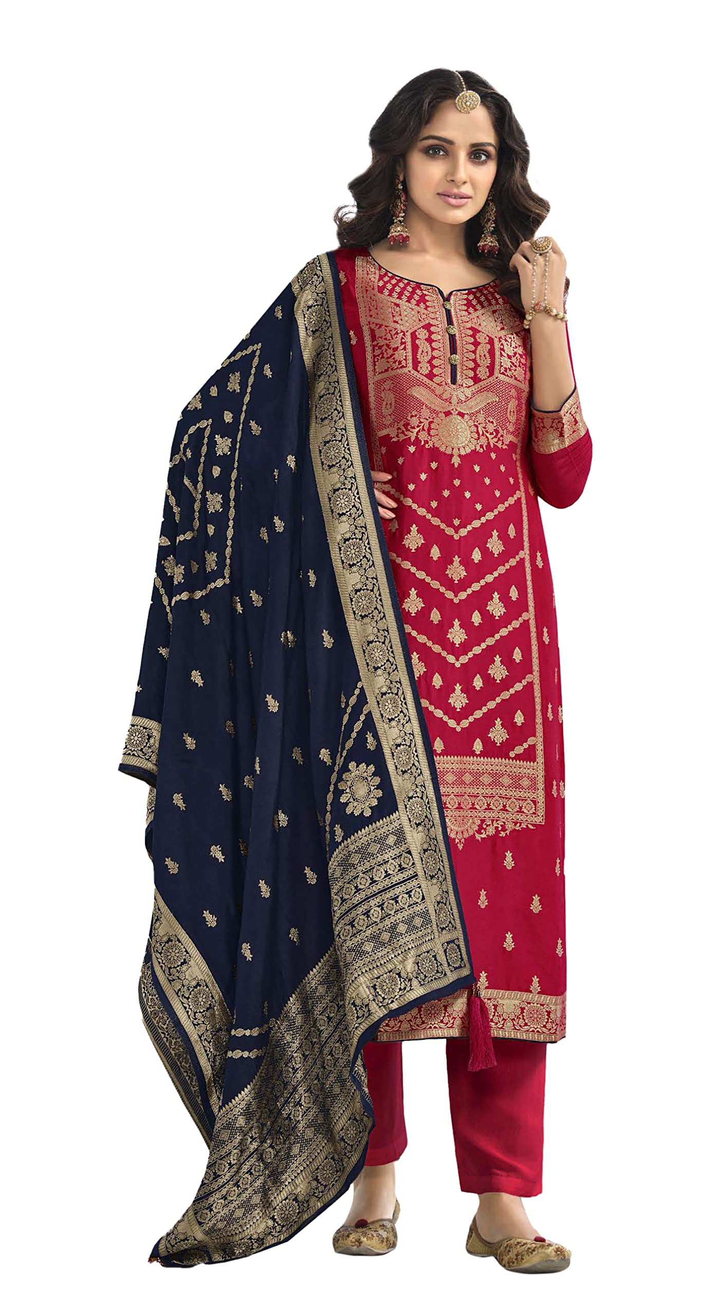 DRAVINAM Trends Women’s Unstitched banarasi Salwar Suit Fabric Dress Material with pure banarasi Dupatta (Red)