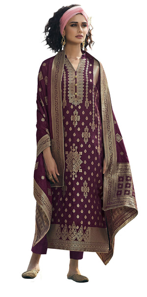 DRAVINAM Trends Women's Pure Banarasi Silk Unstitched Embroidered Sharara Style salwar Suit Dress Material with Heavy Pure Banarasi Jacquard Silk Dupatta (Free size_Magenta)