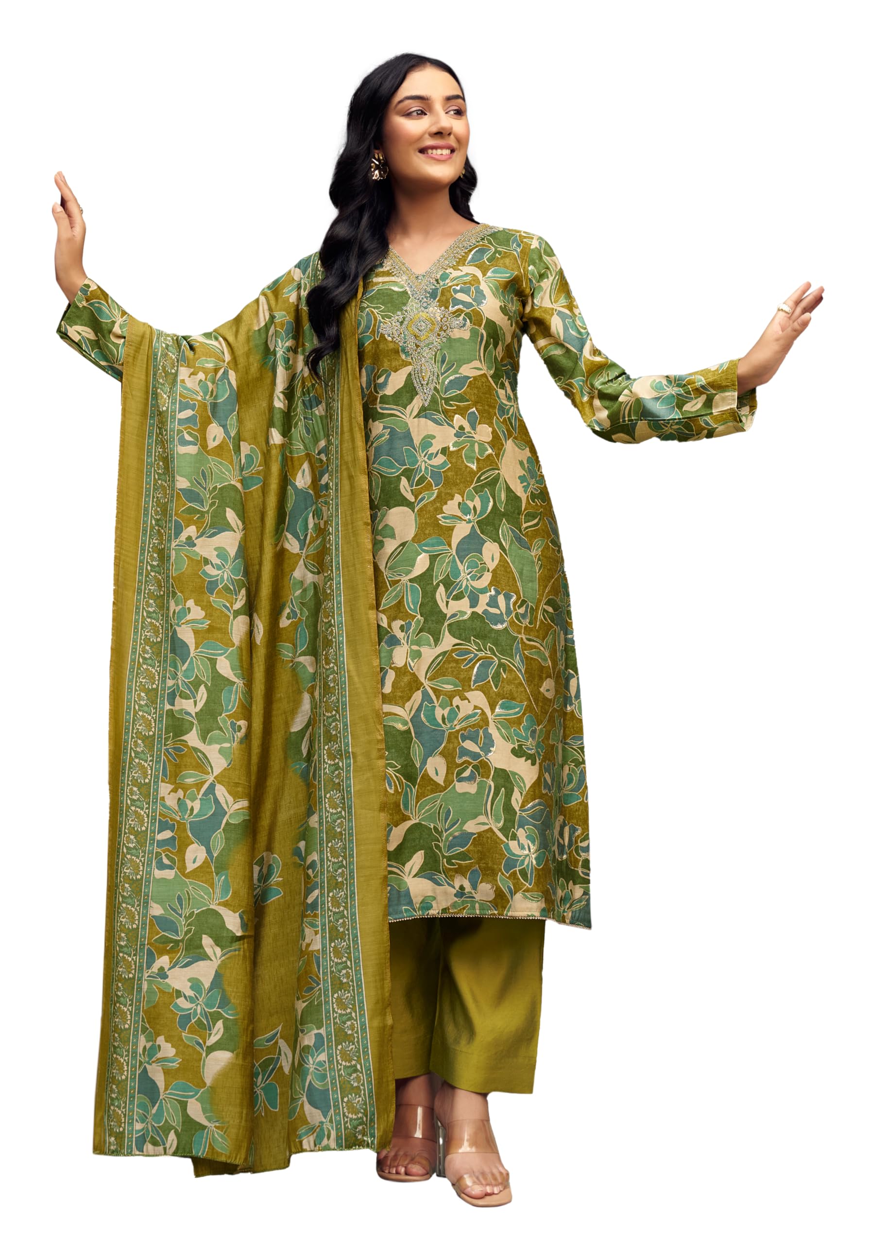 DRAVINAM Trends Women's Unstitched Salwar Suit Dress Material Modal Silk Discharge Foil Print Cording Embroidered Kameez Plain Unstitched Bottoms and Modal Silk Discharge Foil Print Dupatta