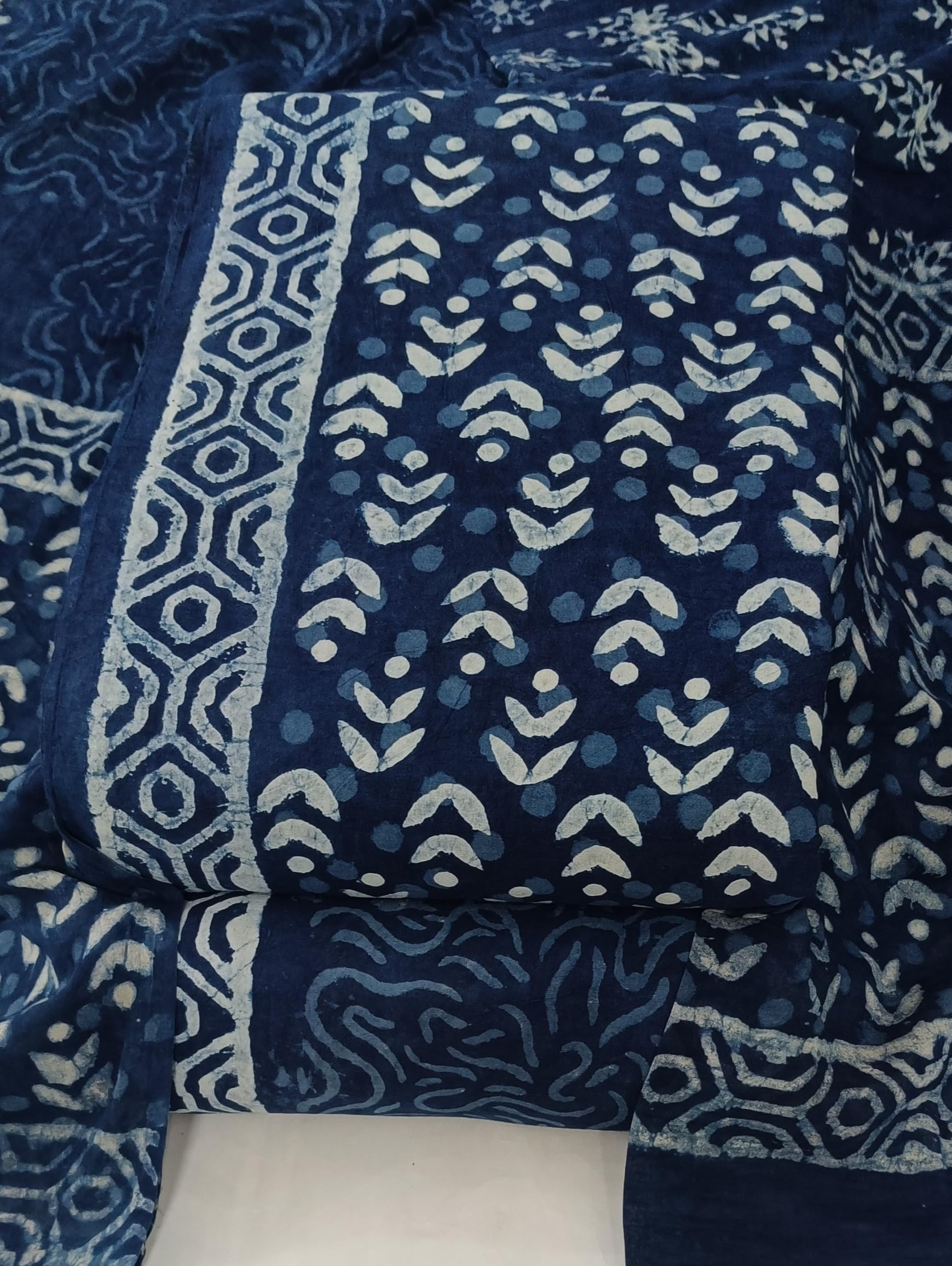 DRAVINAM Trends Hand Block Dabu Print Indigo Cambric Unstitched Cotton Suit Dress Material for Women with Mulmul Cotton Hand Printed Dupatta