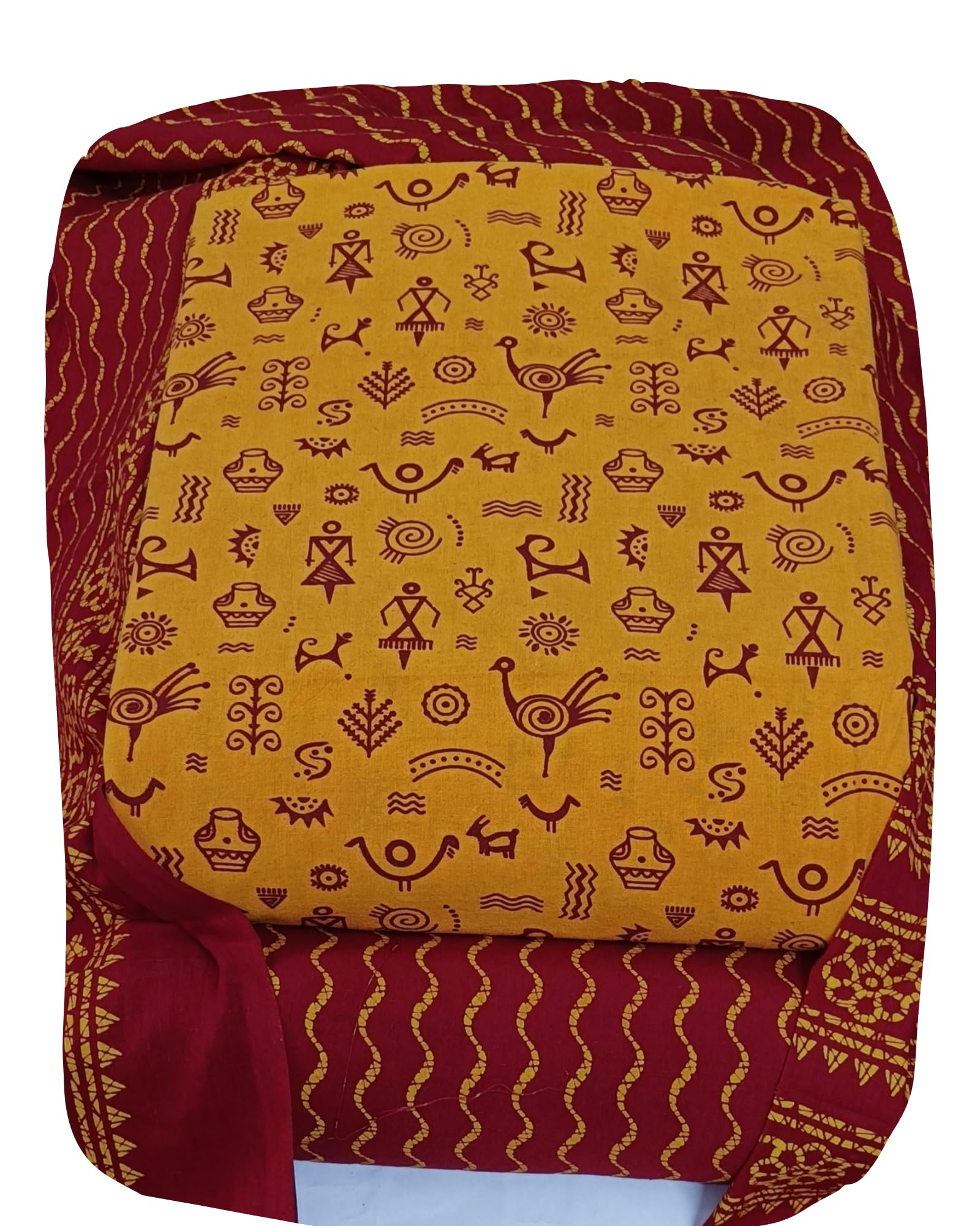 DRAVINAM Trends Women's Premium Cotton Unstitched Salwar Suit Dress Material Set | Traditional Rajasthani Gujari Block Print (Red & Mustard Yellow)