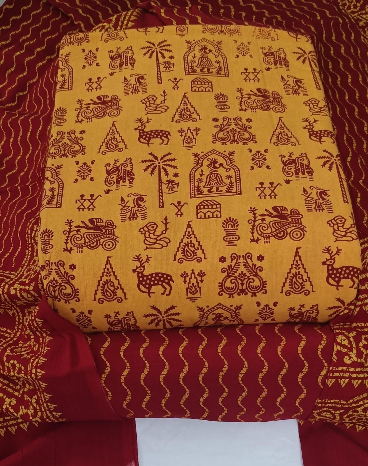 DRAVINAM Trends Women's Premium Cotton Unstitched Salwar Suit Dress Material Set | Traditional Rajasthani Gujari Block Print (Red & Mustard Yellow)