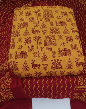 DRAVINAM Trends Women's Premium Cotton Unstitched Salwar Suit Dress Material Set | Traditional Rajasthani Gujari Block Print (Red & Mustard Yellow)