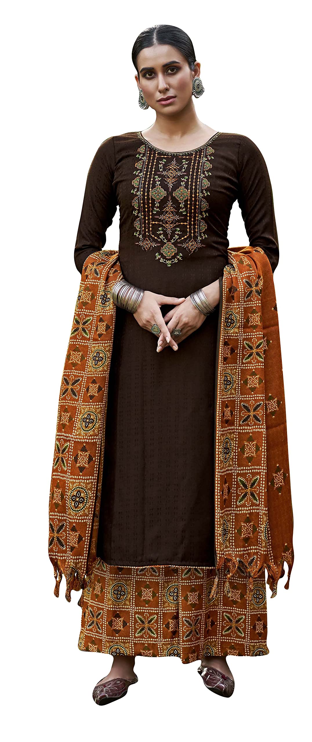 DRAVINAM Trends Women's Pure Wool Pashmina Embroidered Unstitched Palazzo/Pant/Salwar Suit with Pashmina wool Shawl Dupatta/Chunni for/Office Wear/Casual/Winter wear (Brown)