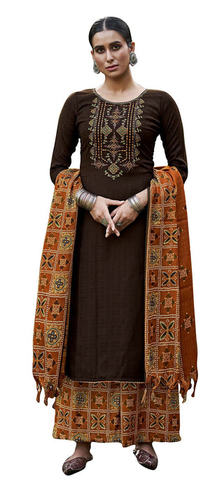 DRAVINAM Trends Women's Pure Wool Pashmina Embroidered Unstitched Palazzo/Pant/Salwar Suit with Pashmina wool Shawl Dupatta/Chunni for/Office Wear/Casual/Winter wear (Brown)