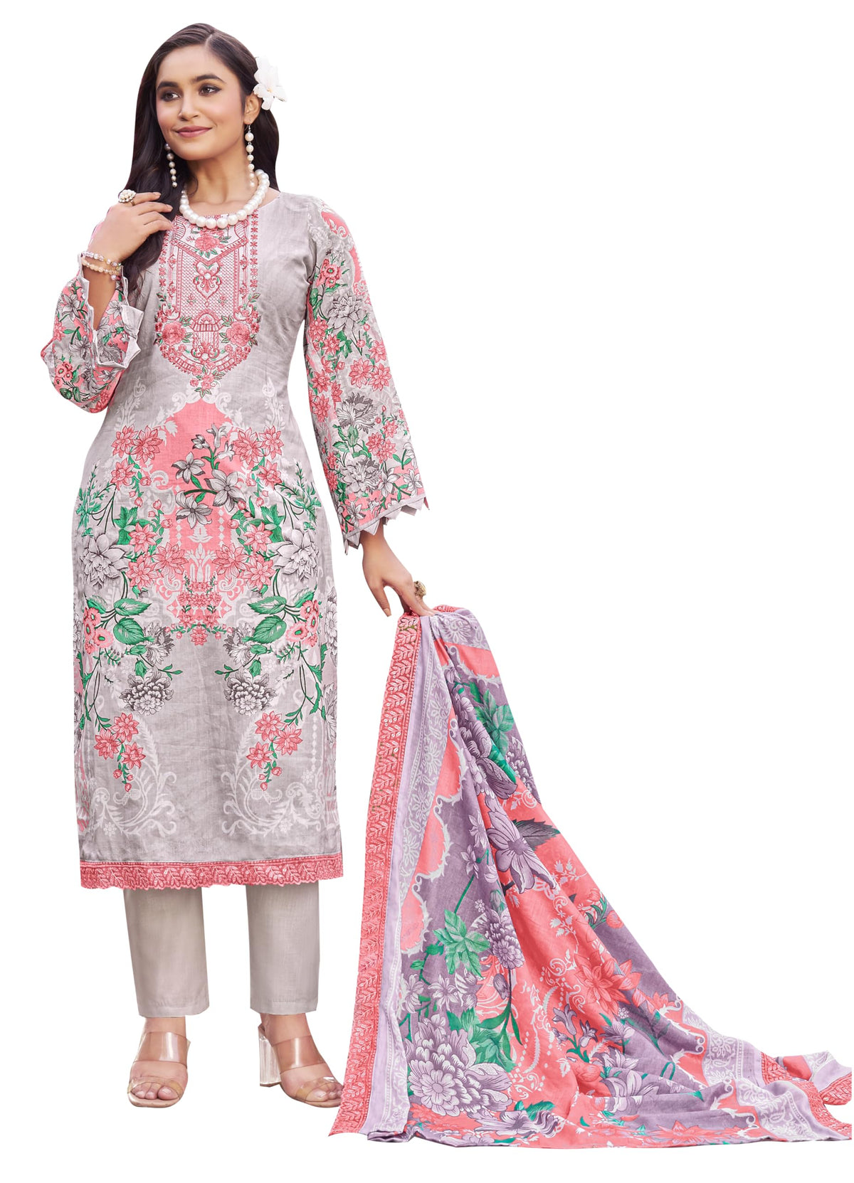 DRAVINAM Trends Pure Cambric Cotton Pakistani Embroidered Suit Dress Material with Unstitched Bottoms and Cotton Dupatta