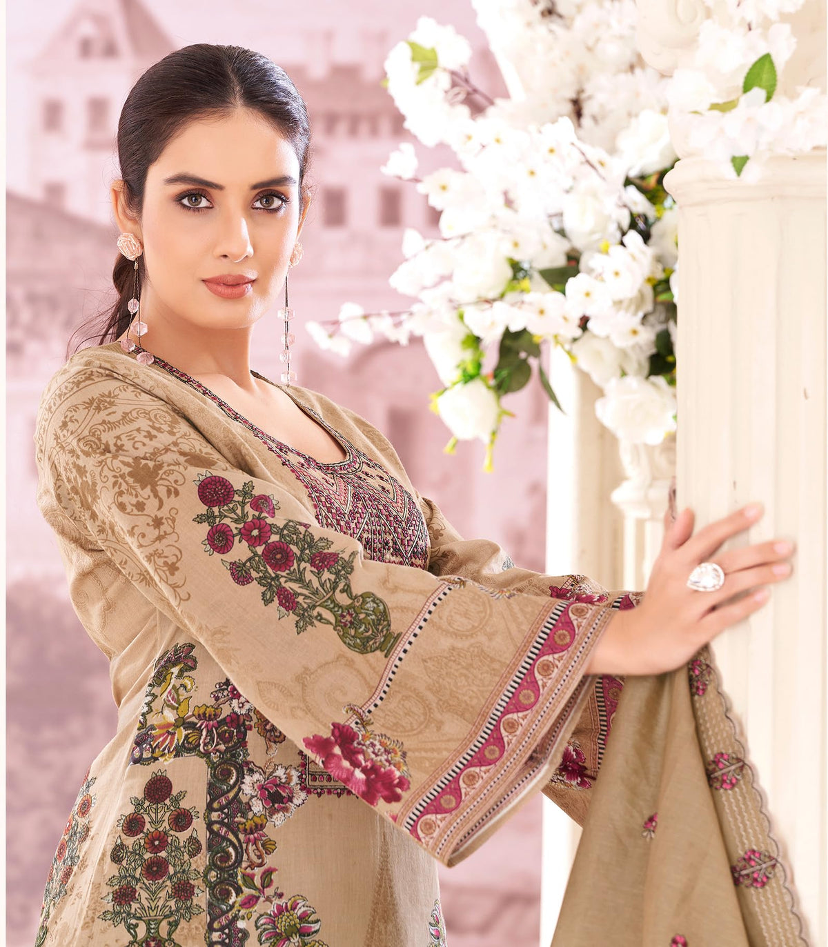 DRAVINAM Trends Unstitched Women's Pakistani Suit Material - Karachi Lawn Cotton Digital Printed Embroidered Kameez Material II Unstitched Cotton Bottoms II Printed Cotton Dupatta
