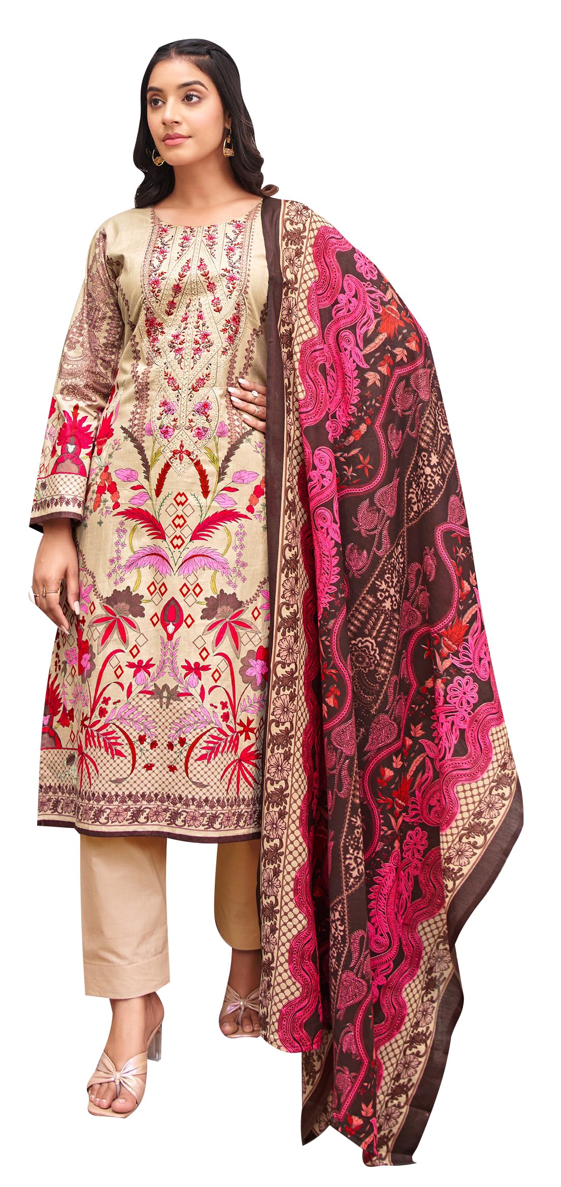 DRAVINAM Trends Lawn Cotton Pakistani Embroidered Suit Dress Material with Unstitched Bottoms and Cotton Dupatta