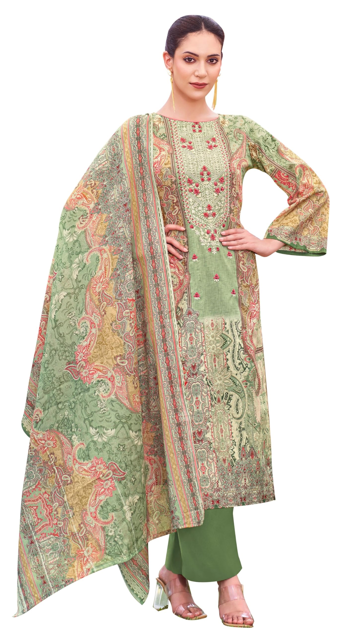 DRAVINAM Trends Women's Unstitched Salwar Suit Dress Material - Cotton Digital Printed Organza Embroidered Kameez II Unstitch Bottoms II Cotton Dupatta