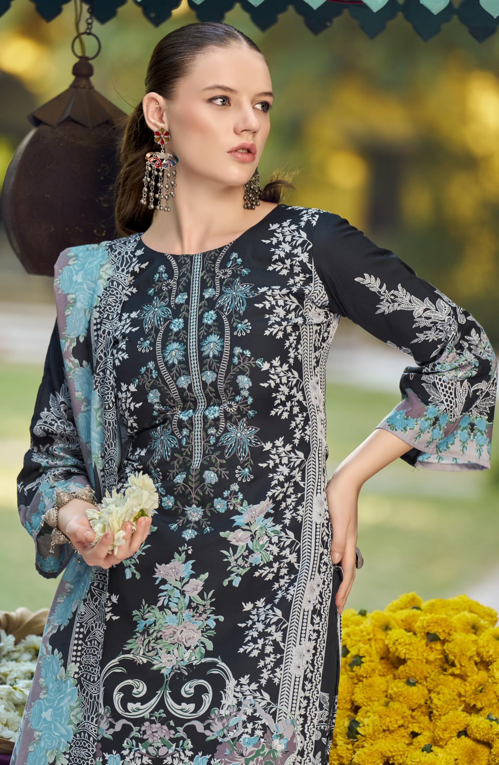 DRAVINAM Trends Women's Unstitched Premium Cotton Suit Material - Soft Cotton Digital Printed Embroidered Kameez II Unstitch Bottoms II Cotton Malmal Printed Dupatta