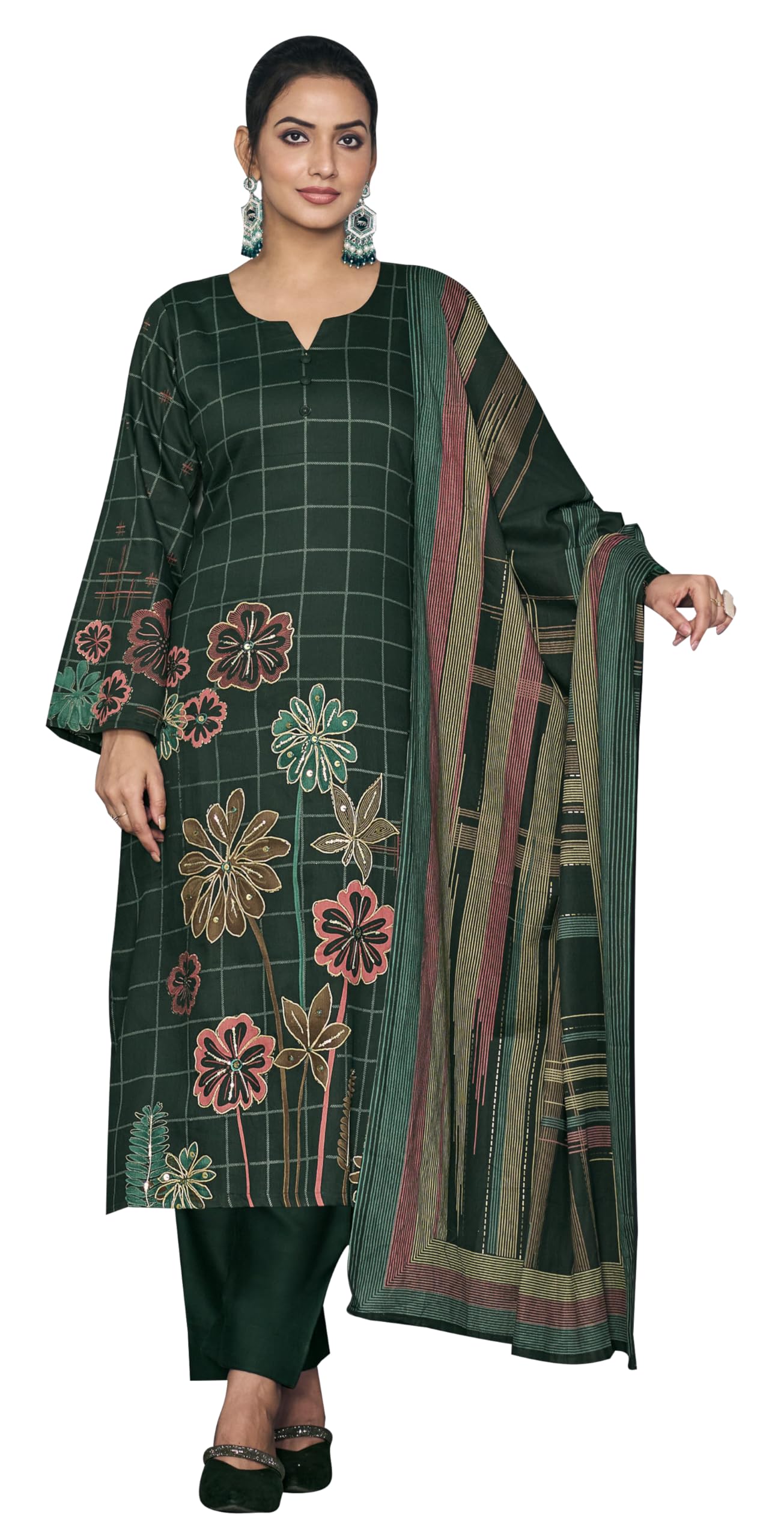 DRAVINAM Trends Women's Unstitched Salwar Suit Dress Material Pure Jam Silk Discharge Print Embroidered Hand Work Kameez Plain Unstitched Bottoms and Pure Lawn Digital Foil Print Dupatta
