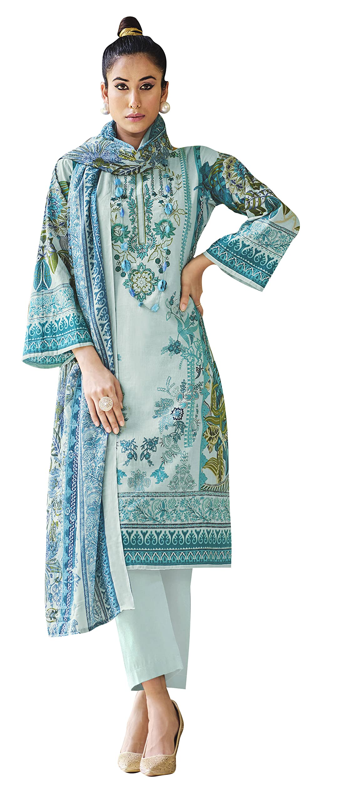 DRAVINAM Trends Printed Embroidered Pakistani Unstitched Pure Cotton Salwar Suit Dress Materials Fabric with Cotton Printed Dupatta for Women (Sky Blue)