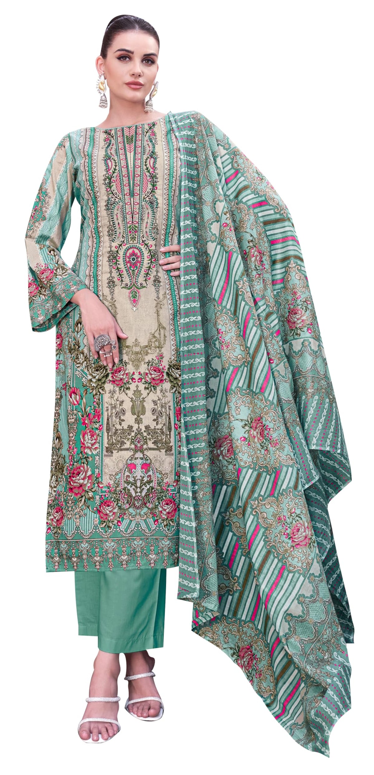DRAVINAM Trends Unstitched Pakistani Embroidered Pure Cambric Cotton Salwar Suit Dress Materials with Cotton Dupatta