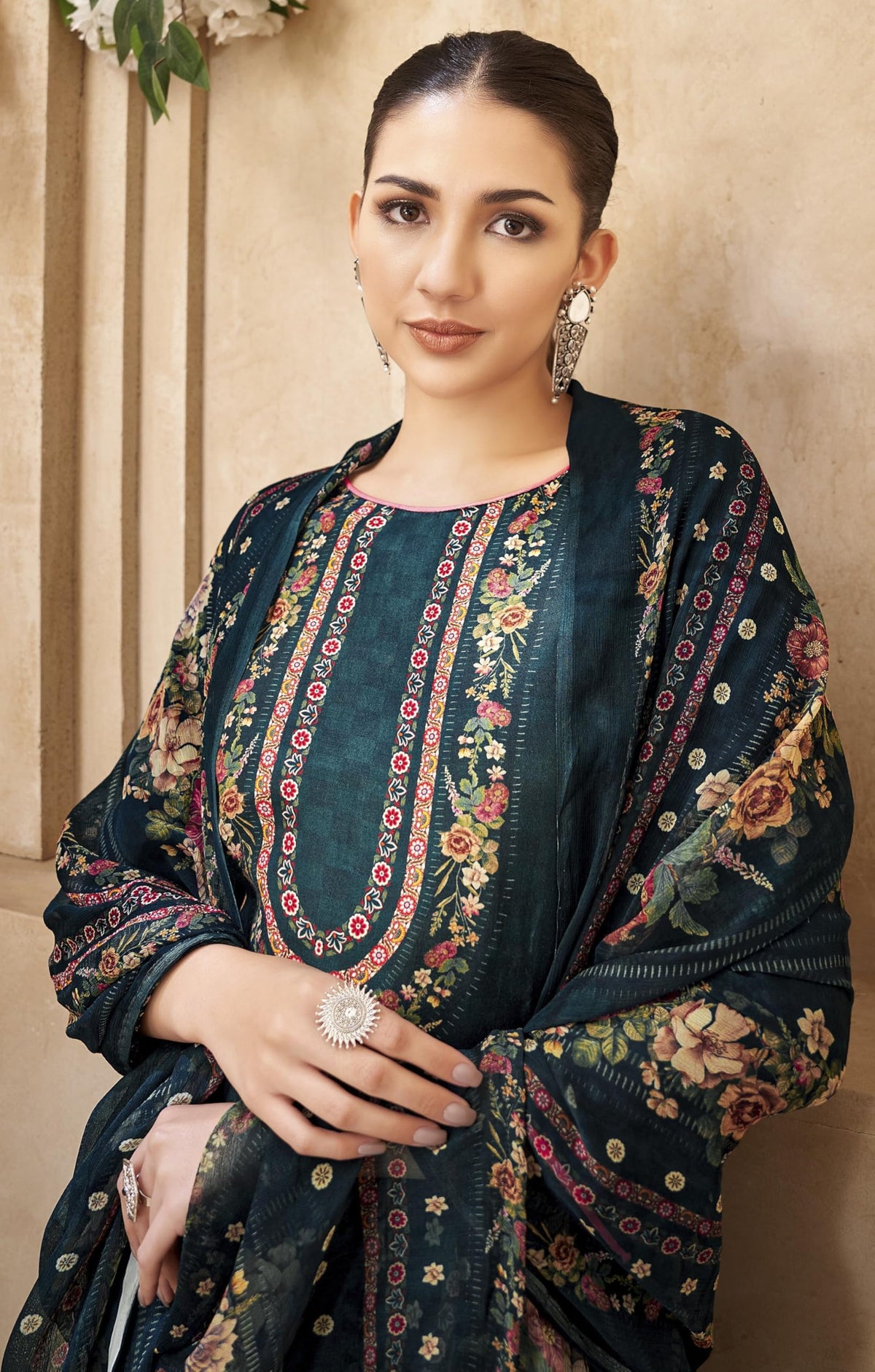 DRAVINAM Trends Women's Unstitched Viscose Maslin Hand Embroidered Suit Material - Viscose Maslin Digital Printed Hand Embroidered Kameez II Rayon Bottoms II Half Pure Digital Printed Dupatta