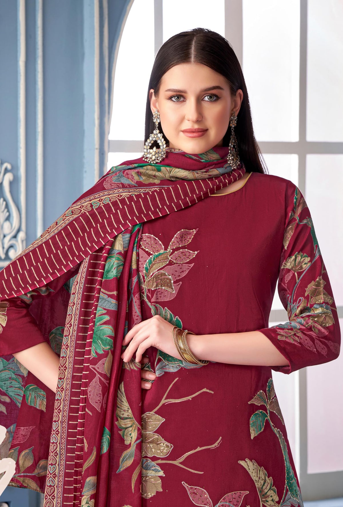 DRAVINAM Trends Women's Viscose Jam Cotton Handwork Unstitched Salwar Suit Dress Material - Pure Jam Discharge Print with Hand work Kameez | Viscose Rayon Bottom |Pure Cotton Print Dupatta