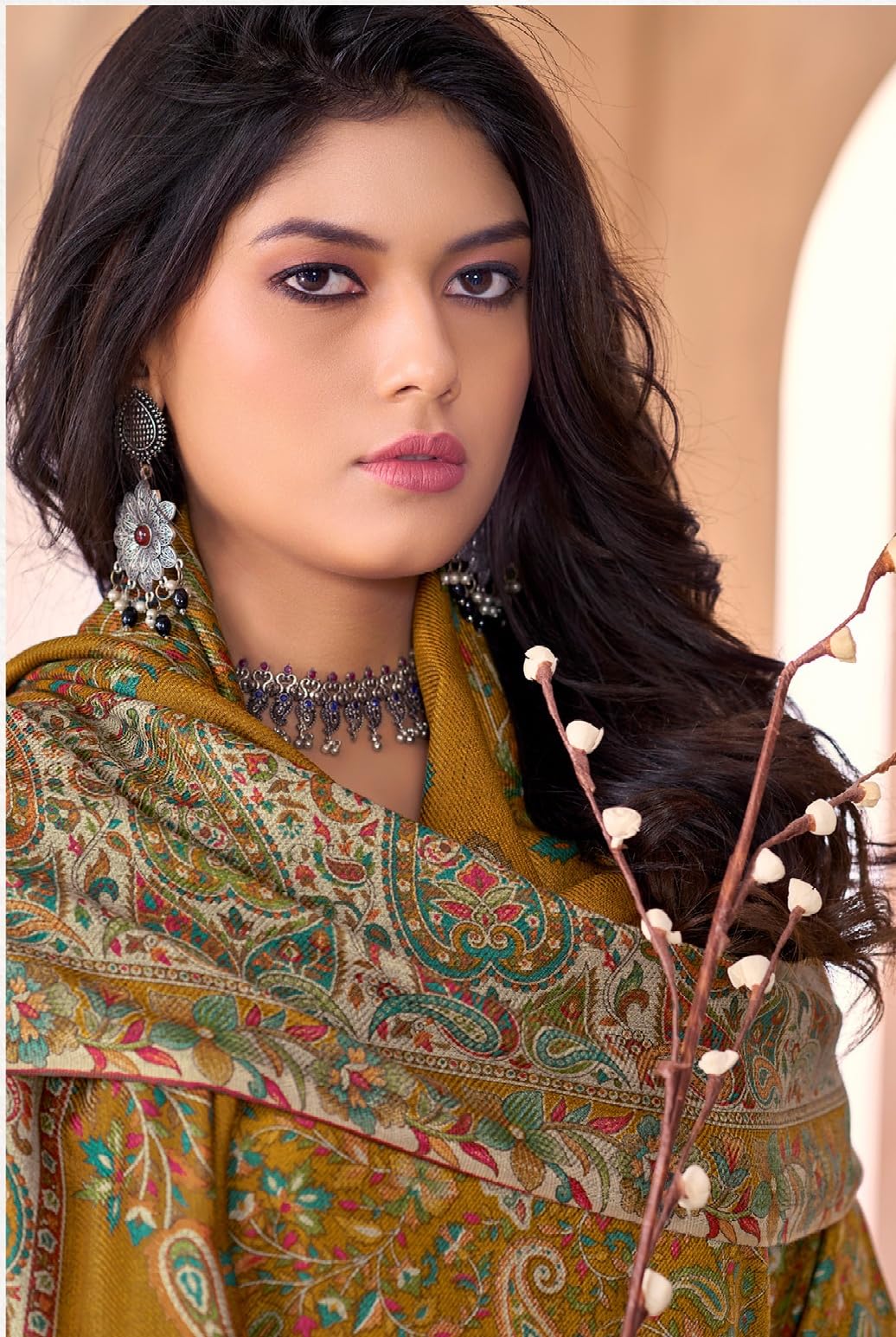 DRAVINAM Trends Women's Unstitched Winter Wear Kashmiri Kani Printed Swaroski Work Heavy Woolen Pashmina Salwar Suit Dress Material with Printed Shawl Dupatta
