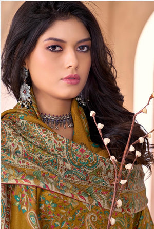 DRAVINAM Trends Women's Unstitched Winter Wear Kashmiri Kani Printed Swaroski Work Heavy Woolen Pashmina Salwar Suit Dress Material with Printed Shawl Dupatta