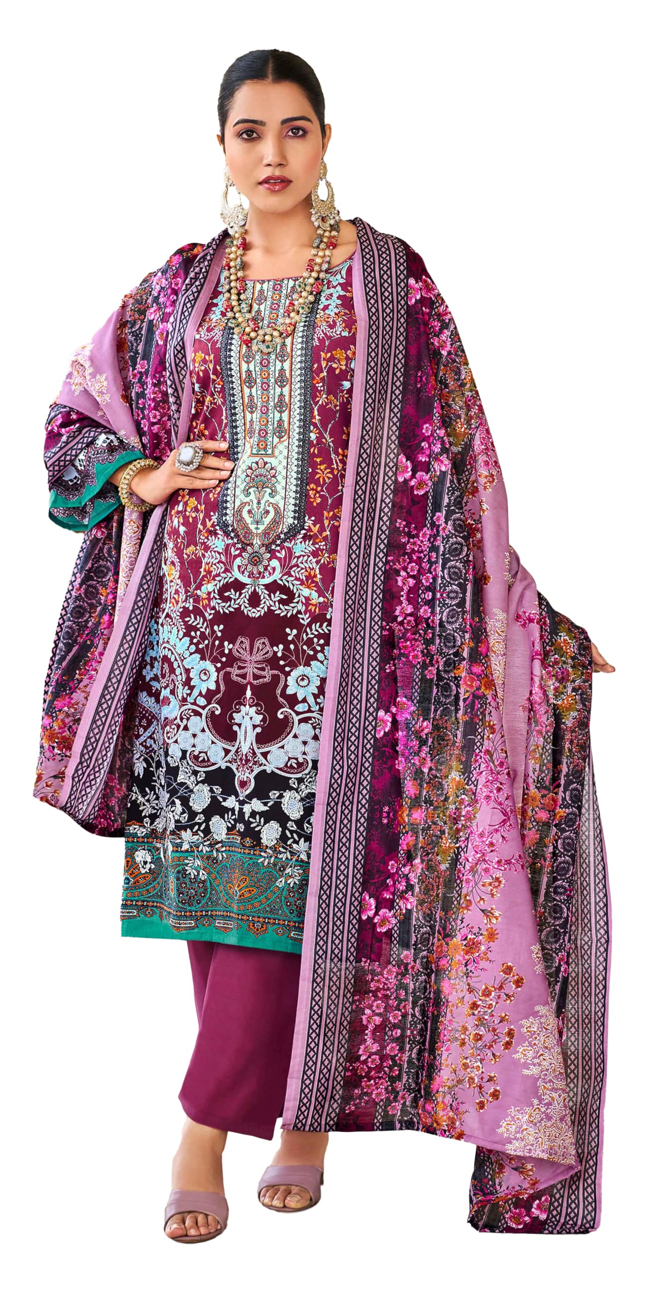 DRAVINAM Trends Lawn Cotton Pakistani Embroidered Suit Dress Material with Unstitched Bottoms and Cotton Dupatta