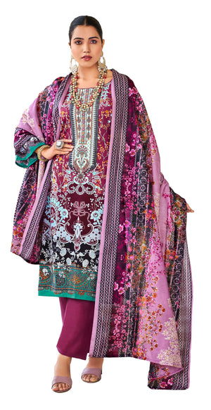 DRAVINAM Trends Lawn Cotton Pakistani Embroidered Suit Dress Material with Unstitched Bottoms and Cotton Dupatta