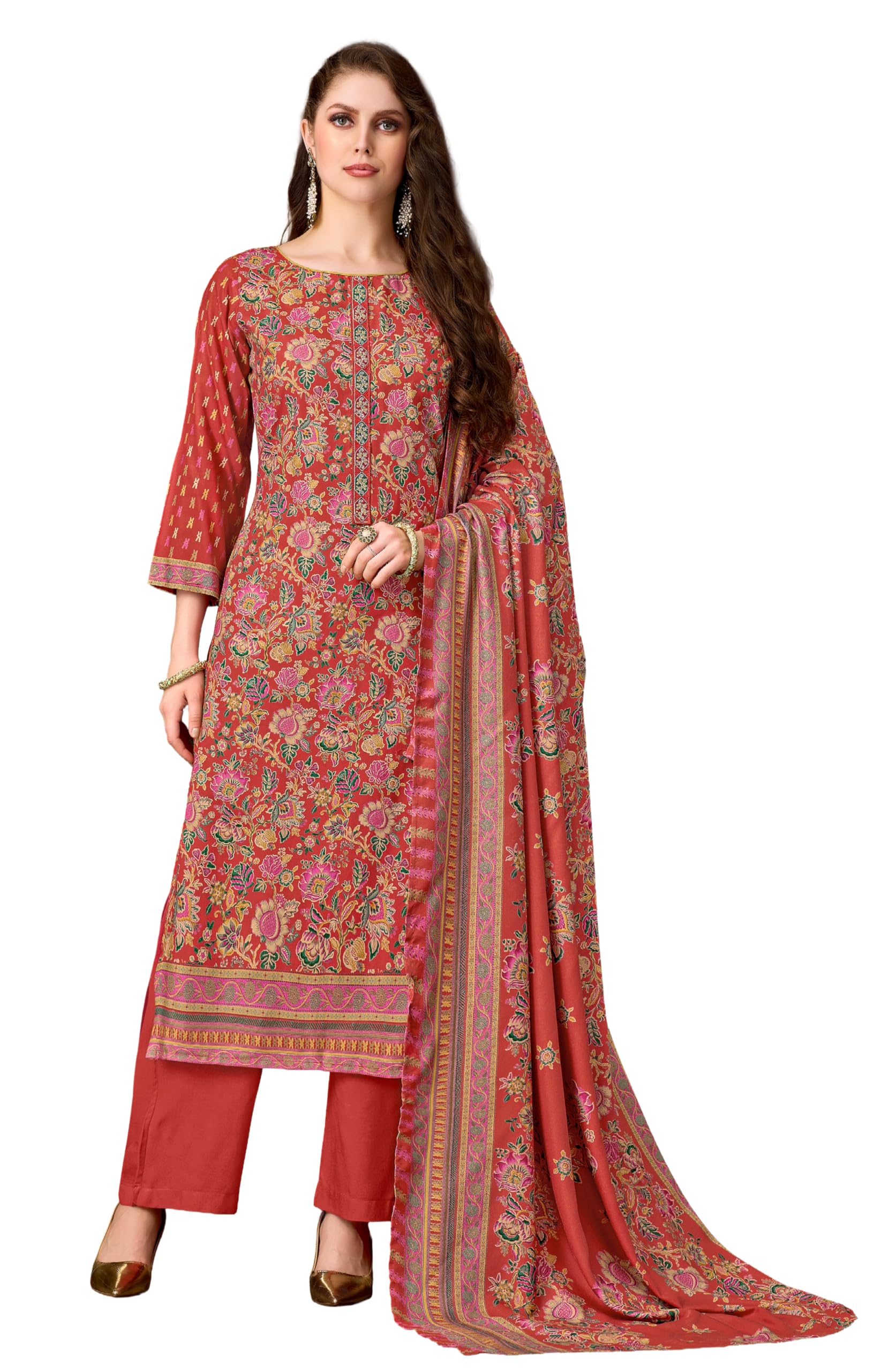 DRAVINAM Trends Women's Winter Wear Unstitched Discharge Print Hand Work Neck Embroidered Woollen Viscose Pashmina Salwar Suit Dress Material with Pashmina Printed Shawl Dupatta