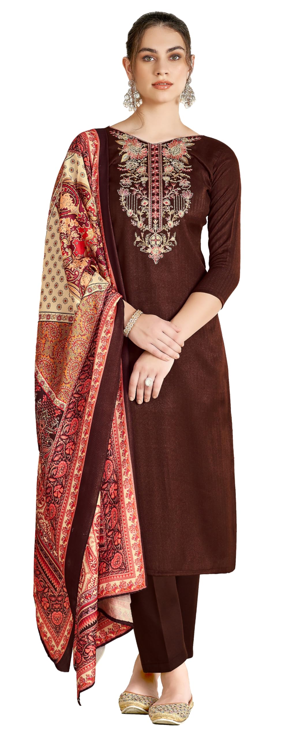 DRAVINAM Trends Women's Unstitched Woollen Pure Pashmina Embroidered Salwar Suit Dress Material with Pashmina Printed Shawl Dupatta