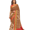 DRAVINAM Trends Women's Soft Linen Cotton Handloom Art Print Woven Bordered Saree with Unstitched Blouse Piece (Light Brown)