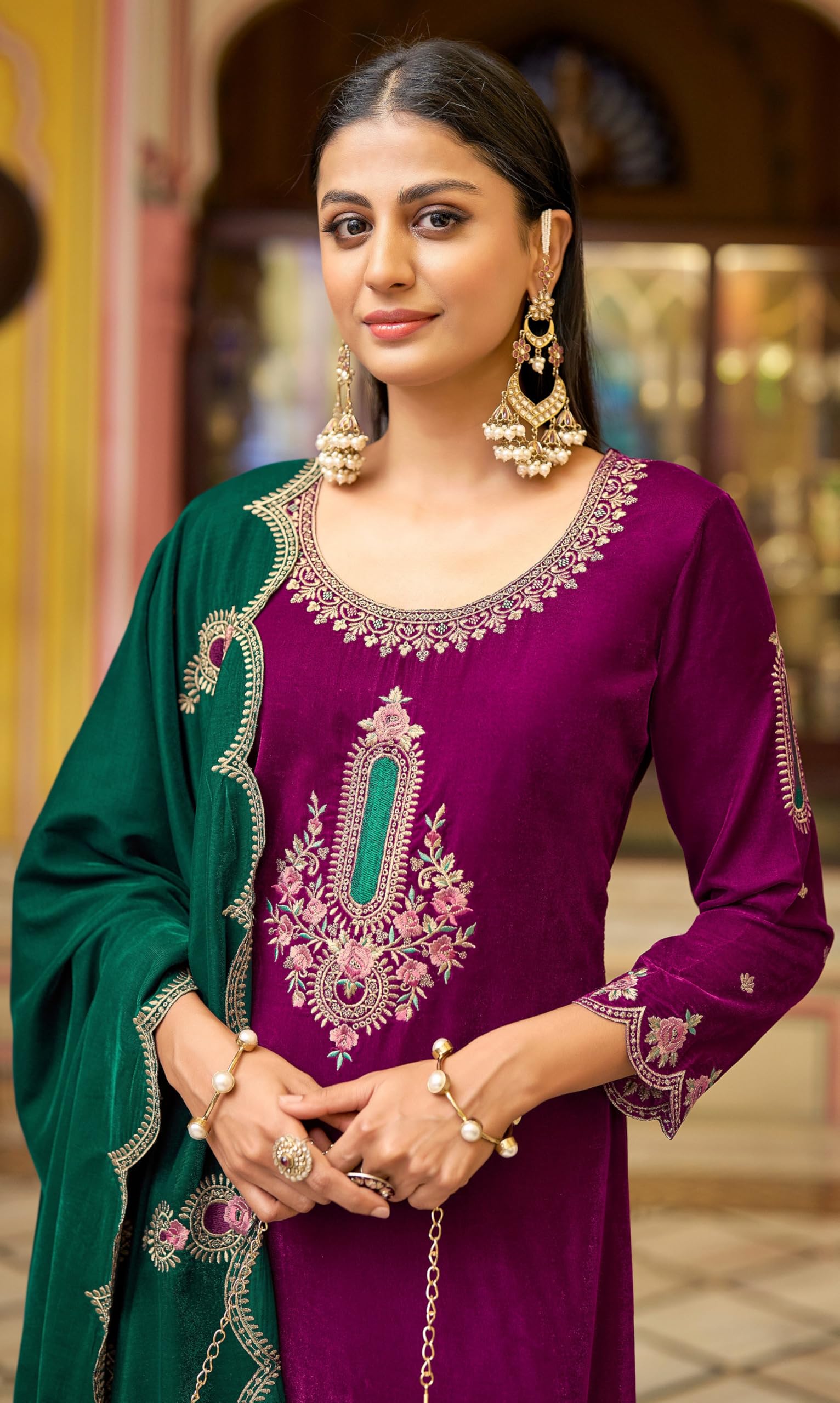 DRAVINAM Trends Women's Unstitched Premium Velvet Embroidered Salwar suit Dress Material with Embroidered Bottoms and Velvet Dupatta