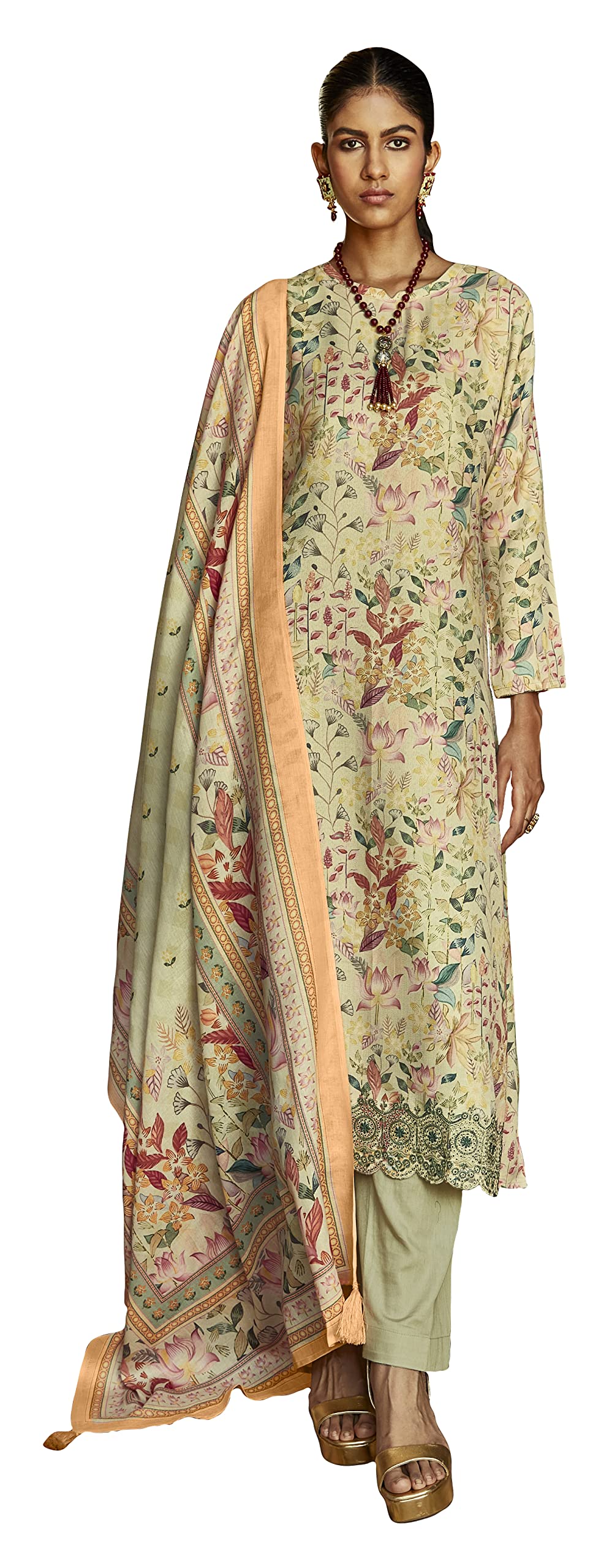 DRAVINAM Trends Women's Unstitched digital Print Woollen Pashmina hand embroidered Salwar Suit Dress Material with Wool Pashmina Digital Printed Shawl Dupatta (Green)