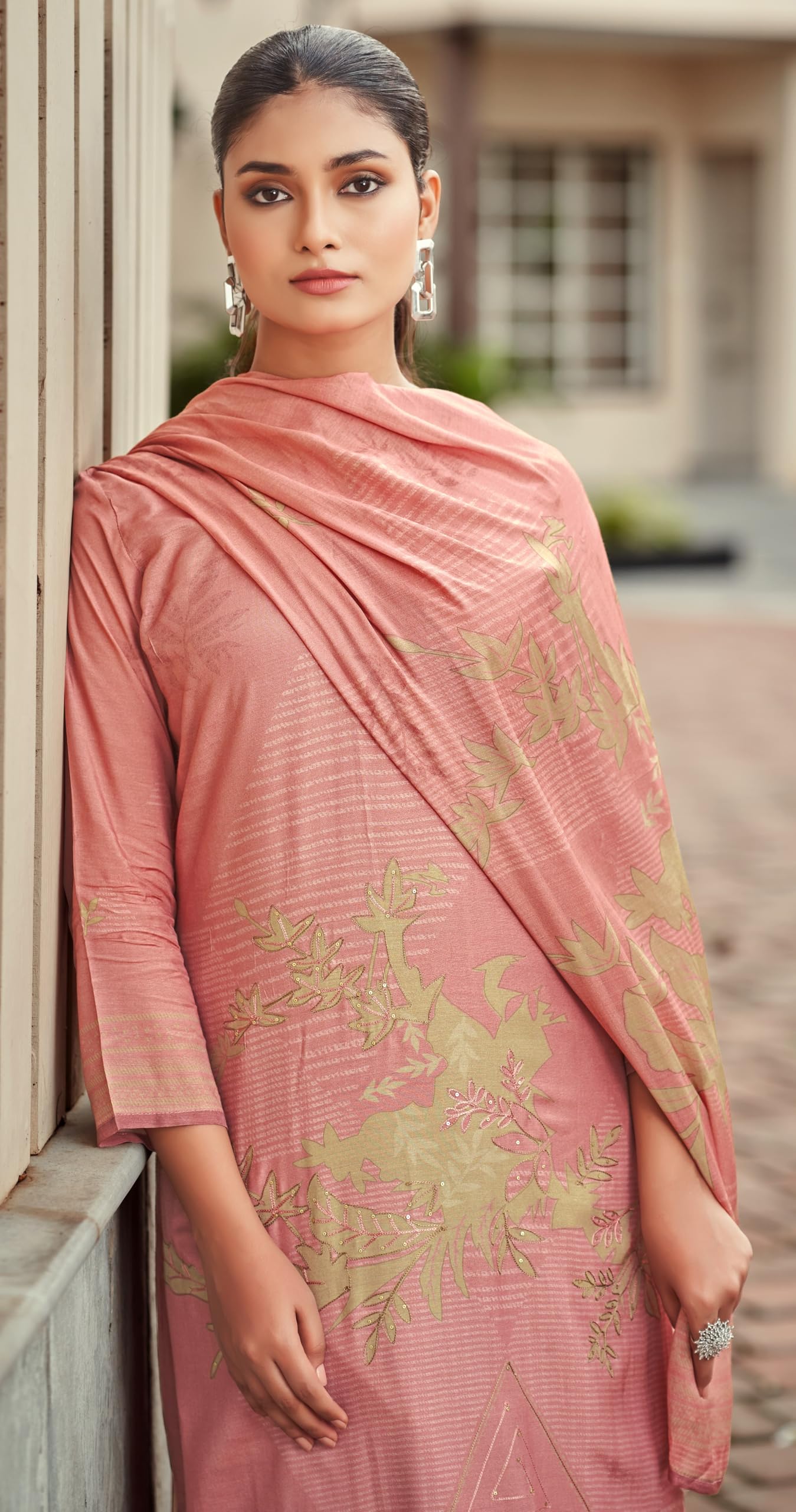 DRAVINAM Trends Unstitch Premium Viscose Bemberg Maslin Suit Dress Material II Pure Maslin Top Fabric with Aari work & Swaroski Detailing I Viscose Rayon Bottom I Digital Printed Maslin Dupatta