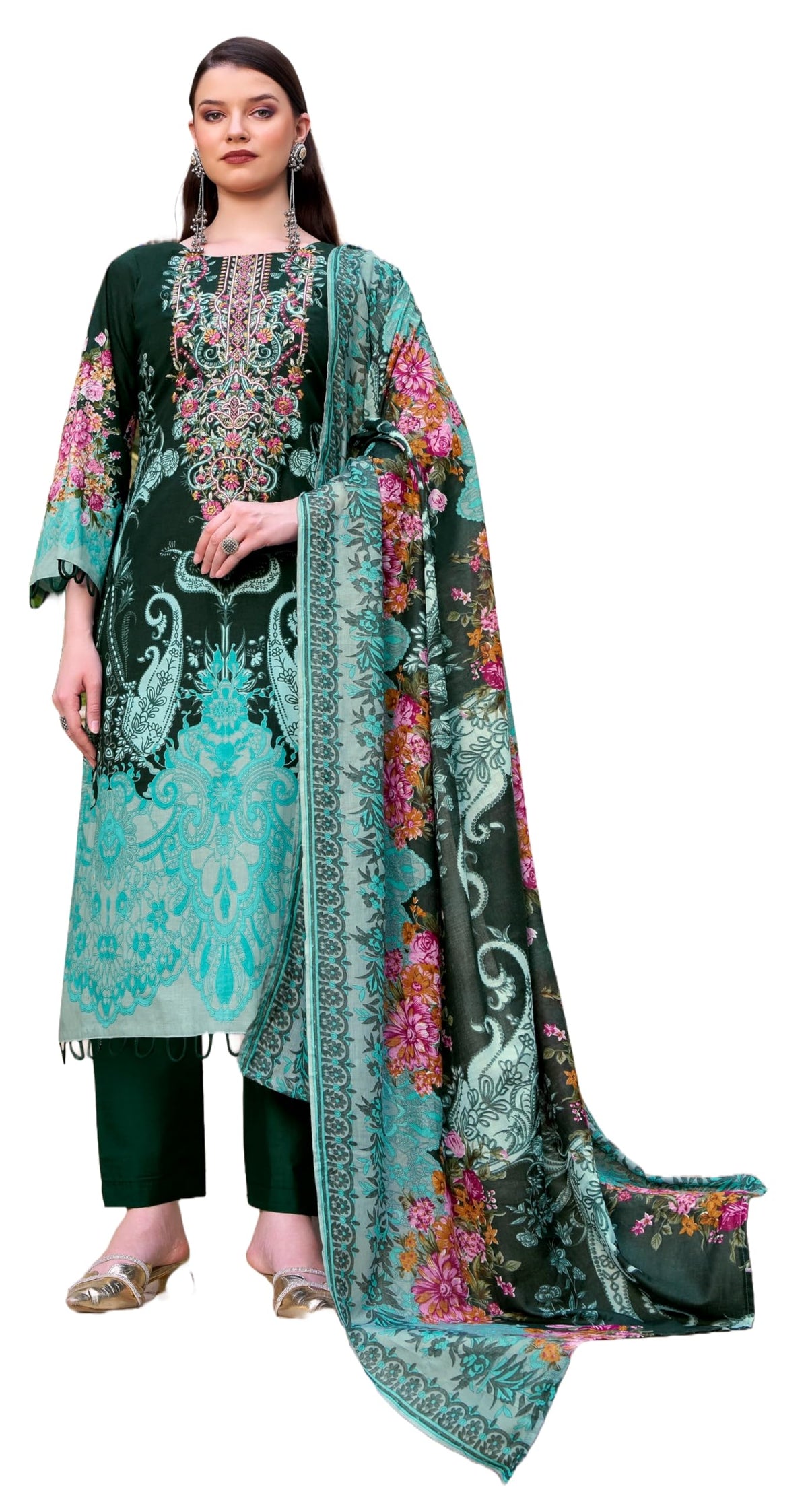 DRAVINAM Trends Women's Unstitched Cotton Suit Dress Material -Embroidered Digital Print Top II Plain Bottoms II Digital Print Dupatta