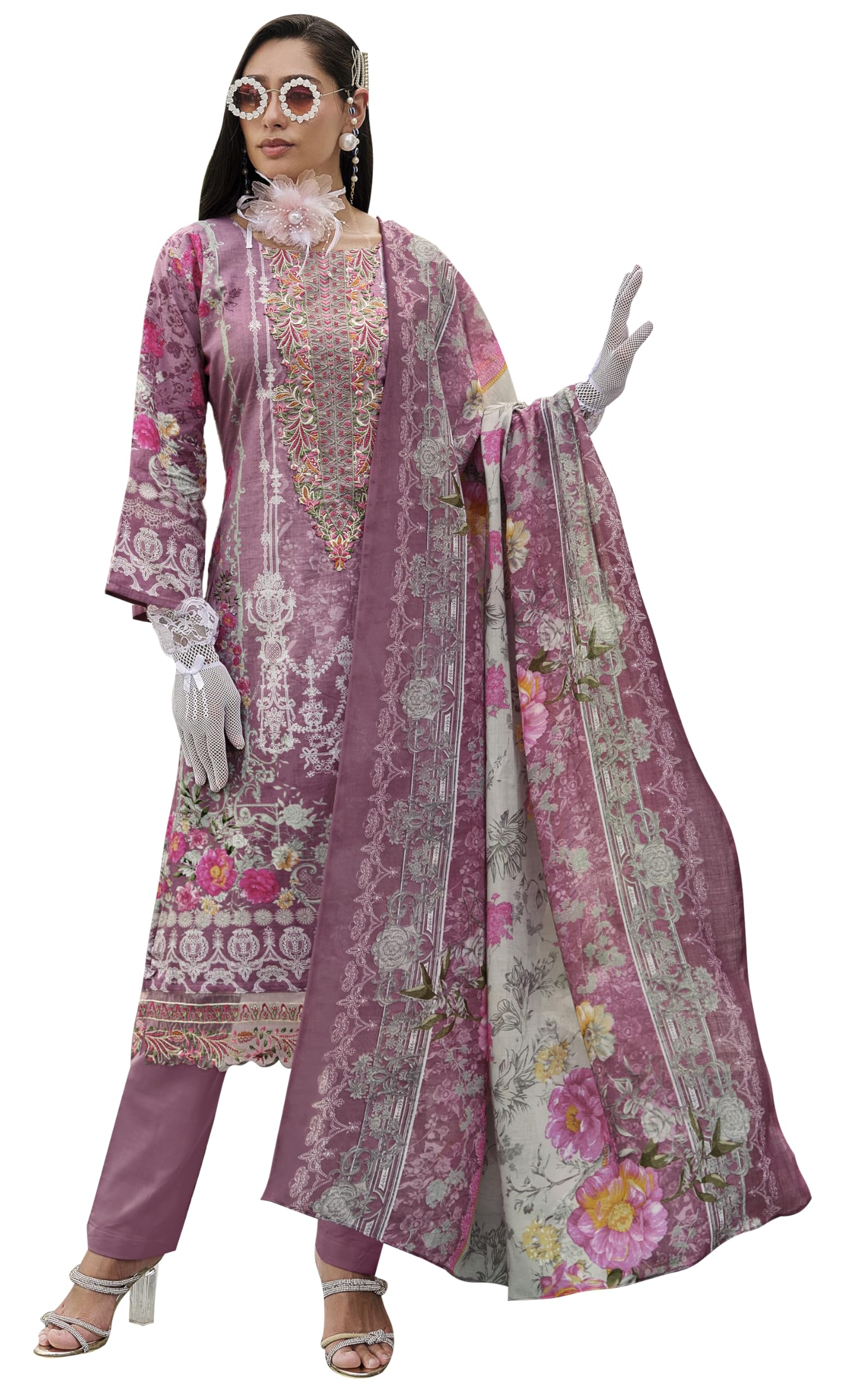 DRAVINAM Trends Kurti 2.50 mtrs,Soft Cotton Salwar(3 mtrs apx),Soft Cotton Mal mal dupatta(2.30 mtr) Unstitched Material Embroided|Yellow