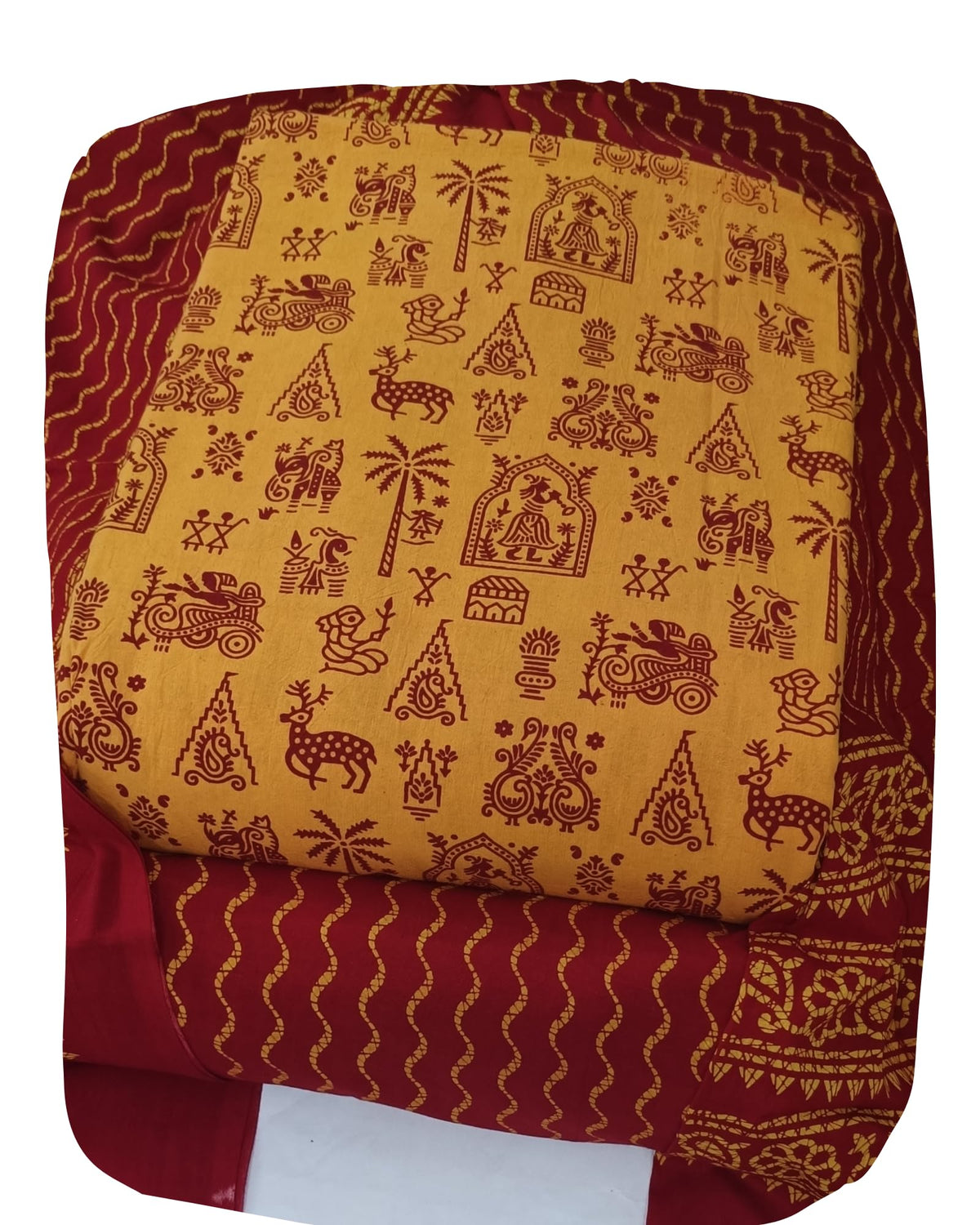 DRAVINAM Trends Women's Premium Cotton Unstitched Salwar Suit Dress Material Set | Traditional Rajasthani Gujari Block Print (Red & Mustard Yellow)