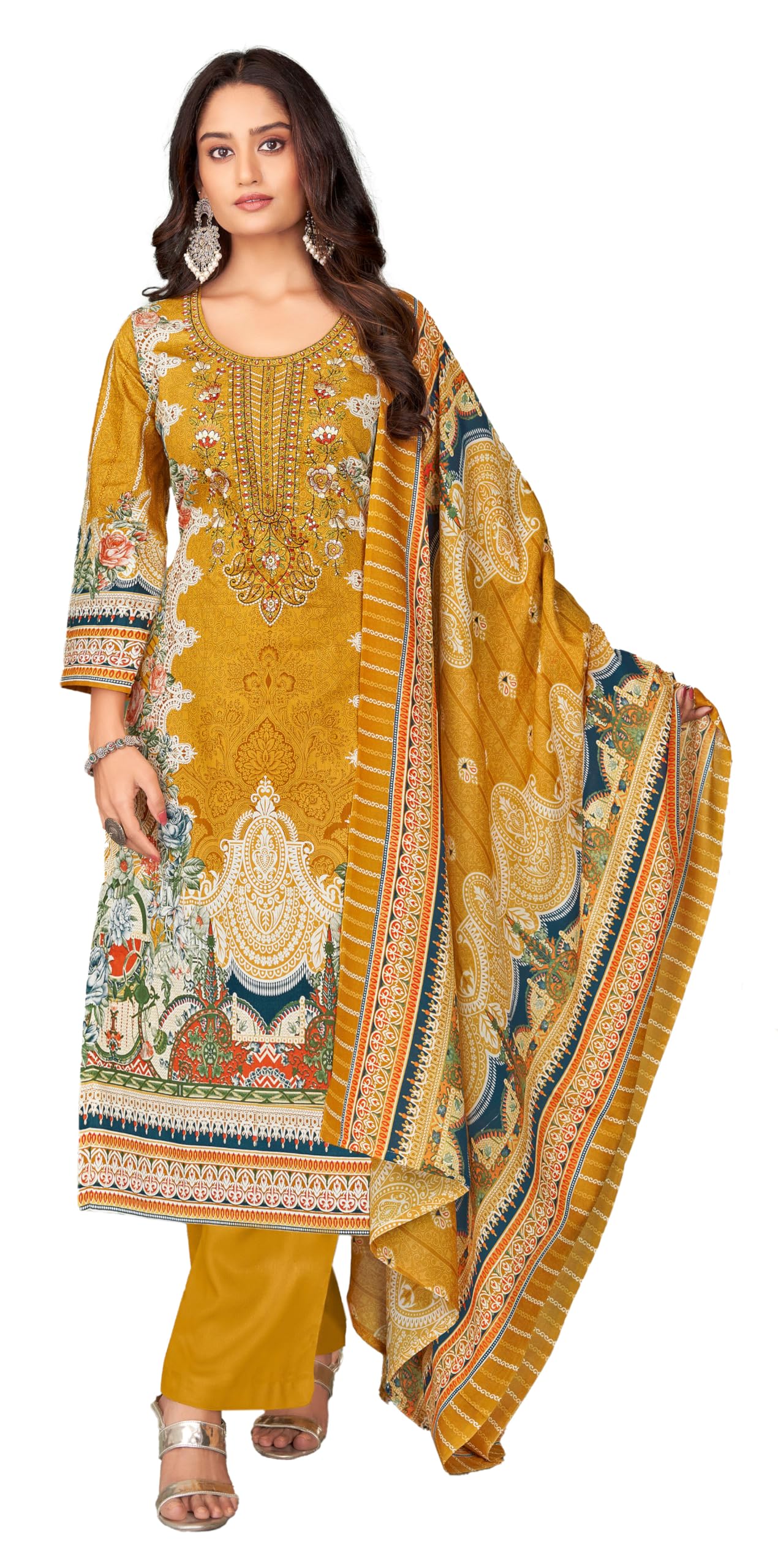 DRAVINAM Trends Lawn Cotton Pakistani Embroidered Suit Dress Material with Unstitched Bottoms and Cotton Dupatta