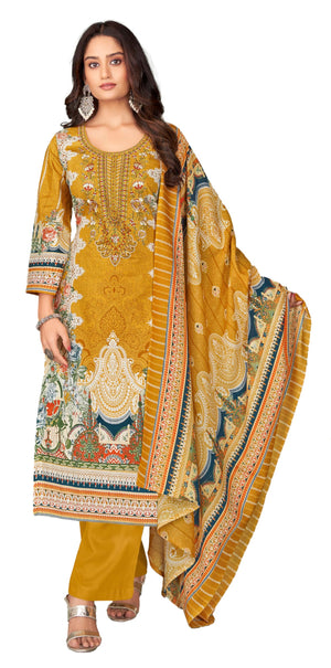 DRAVINAM Trends Lawn Cotton Pakistani Embroidered Suit Dress Material with Unstitched Bottoms and Cotton Dupatta