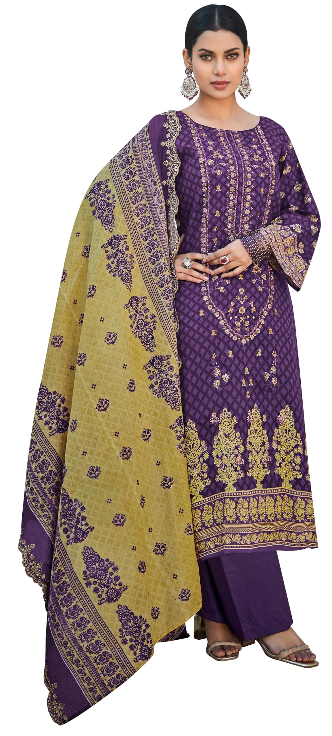 DRAVINAM Trends Women's Unstitched Pakistani Digital Print Embroidered Pure Cotton Salwar Suit Dress Materials with Cotton Digital Embroidered Cutwork Dupatta