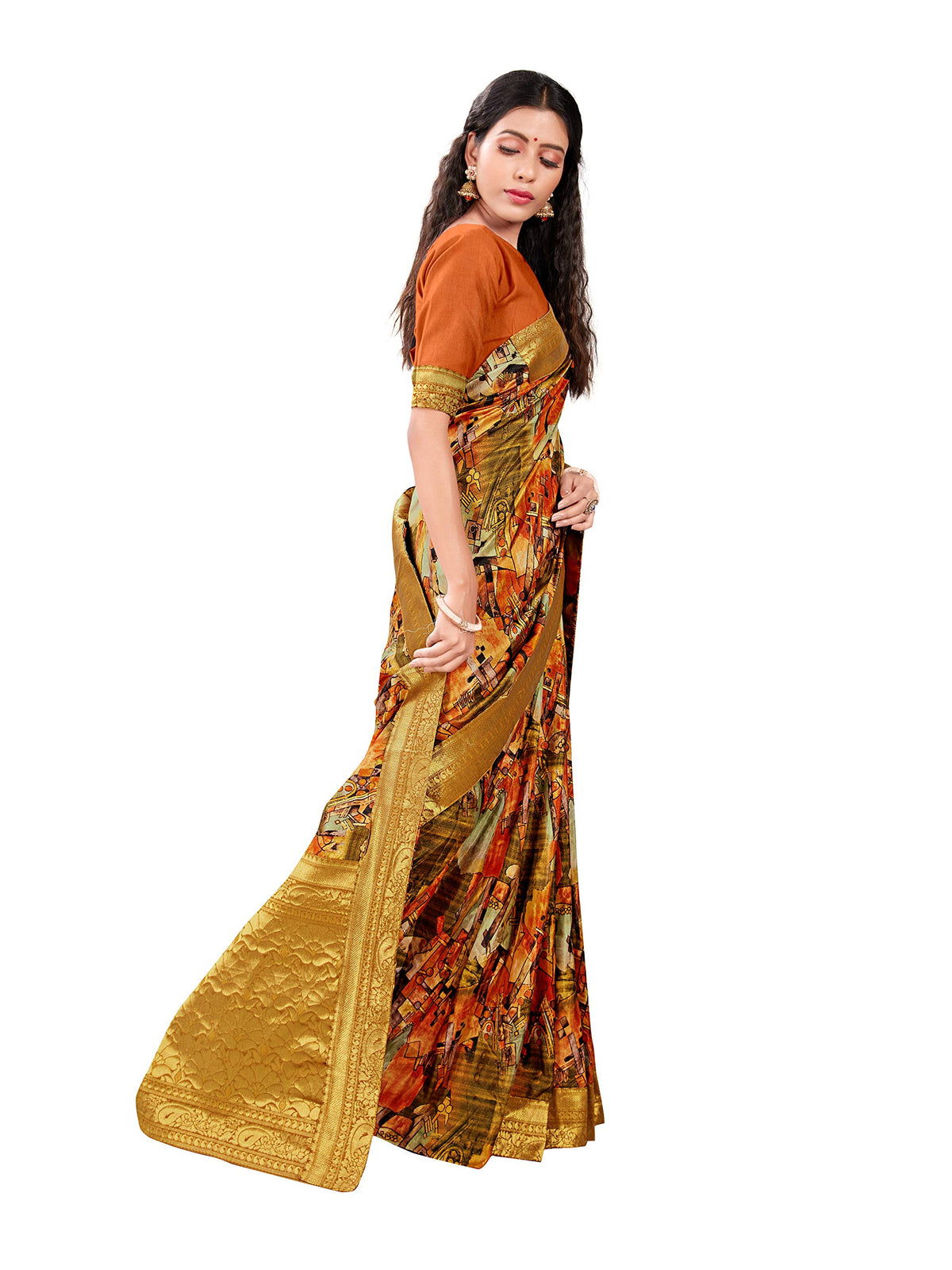 DRAVINAM Trends Printed silk saree with Jacquard Border and Blouse Piece (Brown Orange)