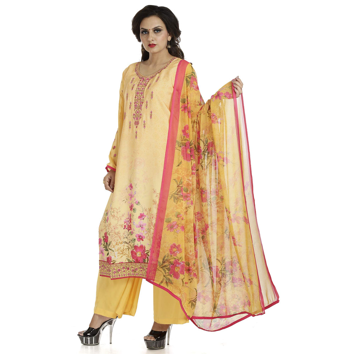 DRAVINAM Trends Women's Embroidered Pure Crepe Floral Printed Salwar Suit Dress Material with Printed Georgette Dupatta (Unstitched)
