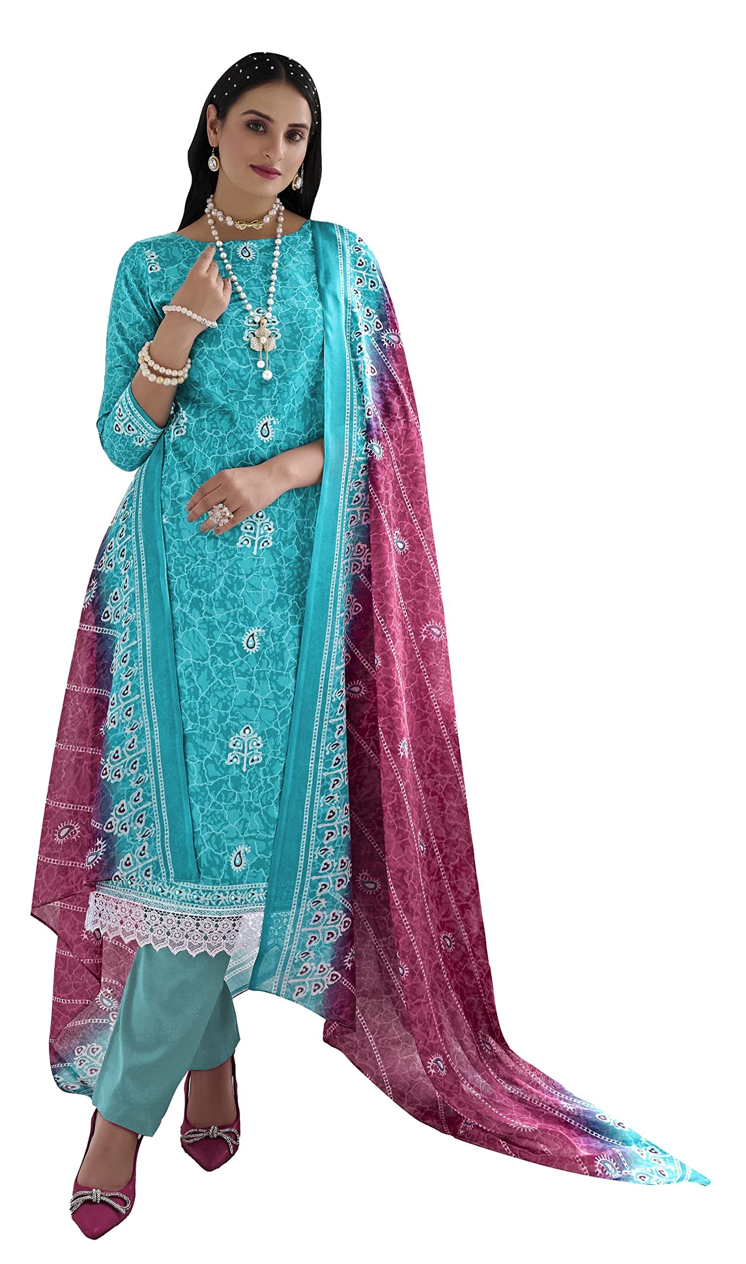 DRAVINAM Trends Women's Printed Unstitched Pure Cotton Kurti Palazzo Pants Set Material with Dupatta