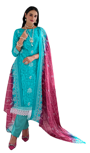 DRAVINAM Trends Women's Printed Unstitched Pure Cotton Kurti Palazzo Pants Set Material with Dupatta