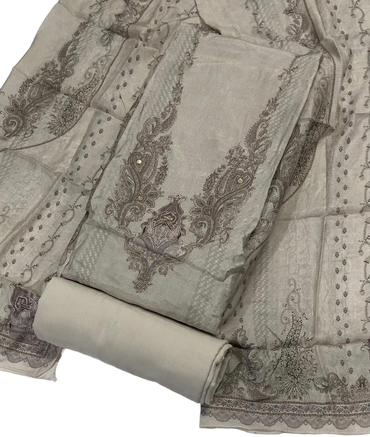 DRAVINAM Trends Women's Elegant Taupe & Off-White Embroidered Pure Muslin Dress Material with Printed Dupatta