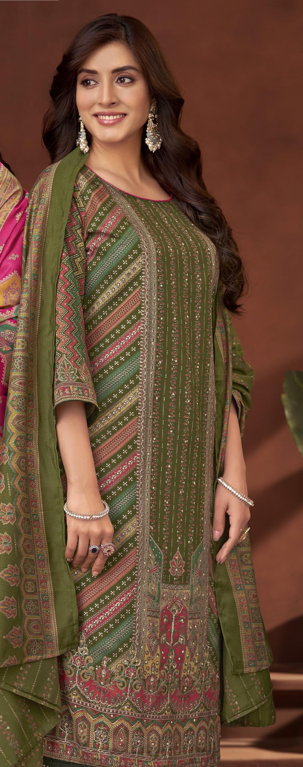 DRAVINAM Trends Kurti 2.50 mtrs,Pure Viscose Reyon Solid (2.7 m),Pure Viscose Silk Designer Print Dupatta (2.25 m)|Green