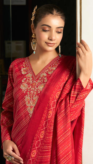 DRAVINAM Trends Women's Unstitched Silk Suit - Modal Silk Discharge Foil Print with Coding Embroidery Top || Solid Bottoms II Modal Silk Discharge Foil Print And Tussle Dupatta