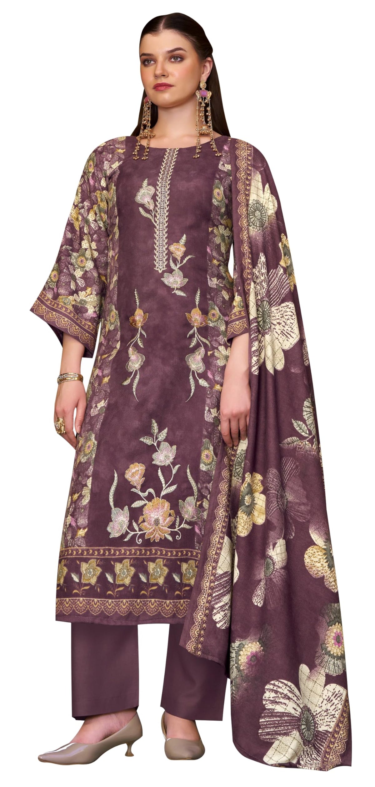 DRAVINAM Trends Women's Winter wear unstitched Printed Woollen Pashmina Embroidery Work Unstitched Salwar Suit Dress Material with Pashmina Printed Shawl Dupatta
