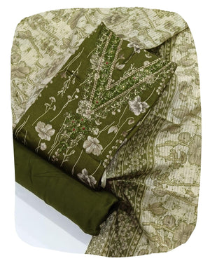 DRAVINAM Trends Women's Unstitched Jaam Cotton Dress Material | Printed Embroidered Unstitched Suit Set with Rayon Bottoms and Printed Dupatta