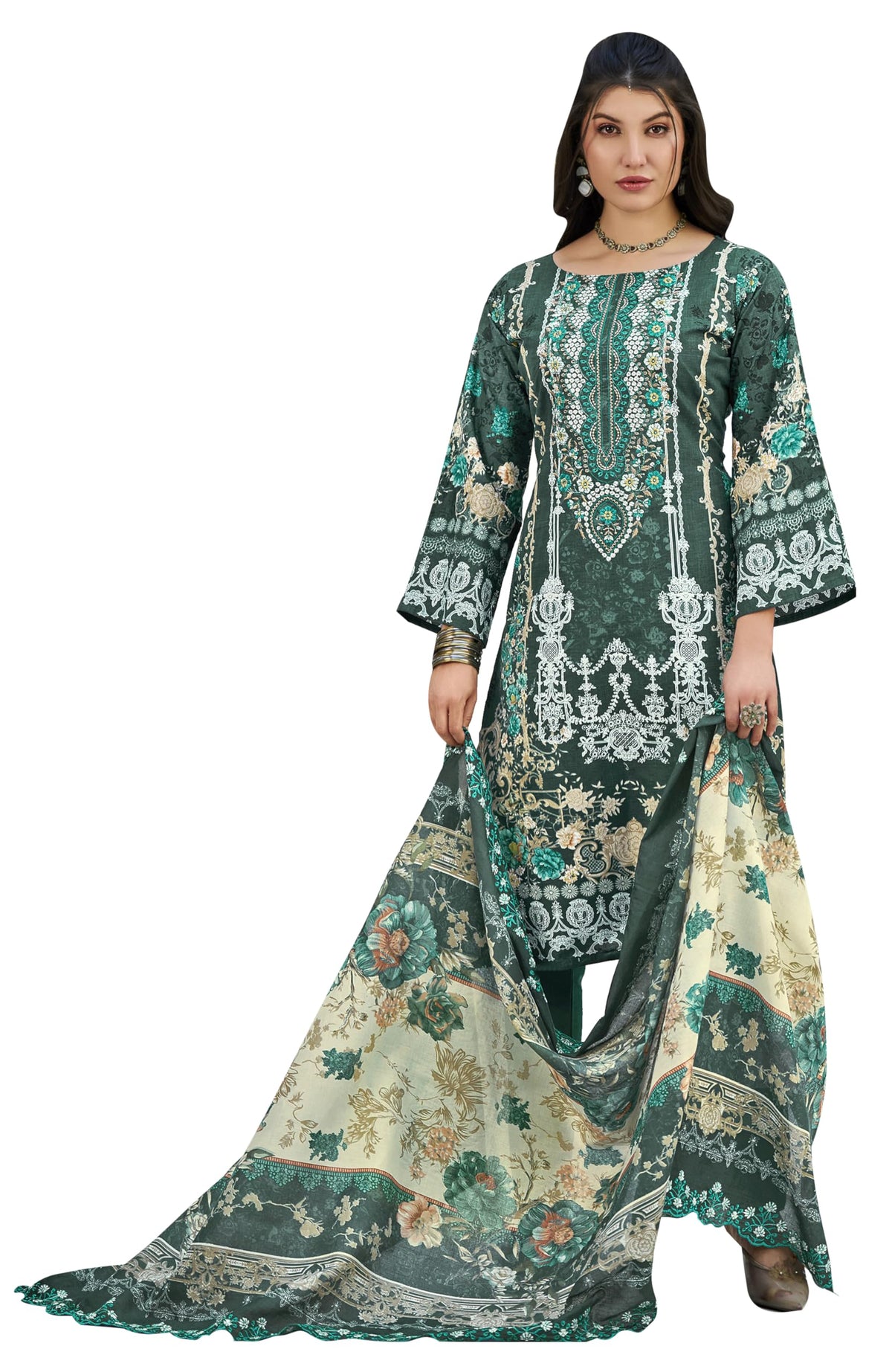 DRAVINAM Trends Women's Unstitched Pakistani Digital Print Embroidered Pure Cotton Salwar Suit Dress Materials with Cotton Embroidered Cutwork Dupatta