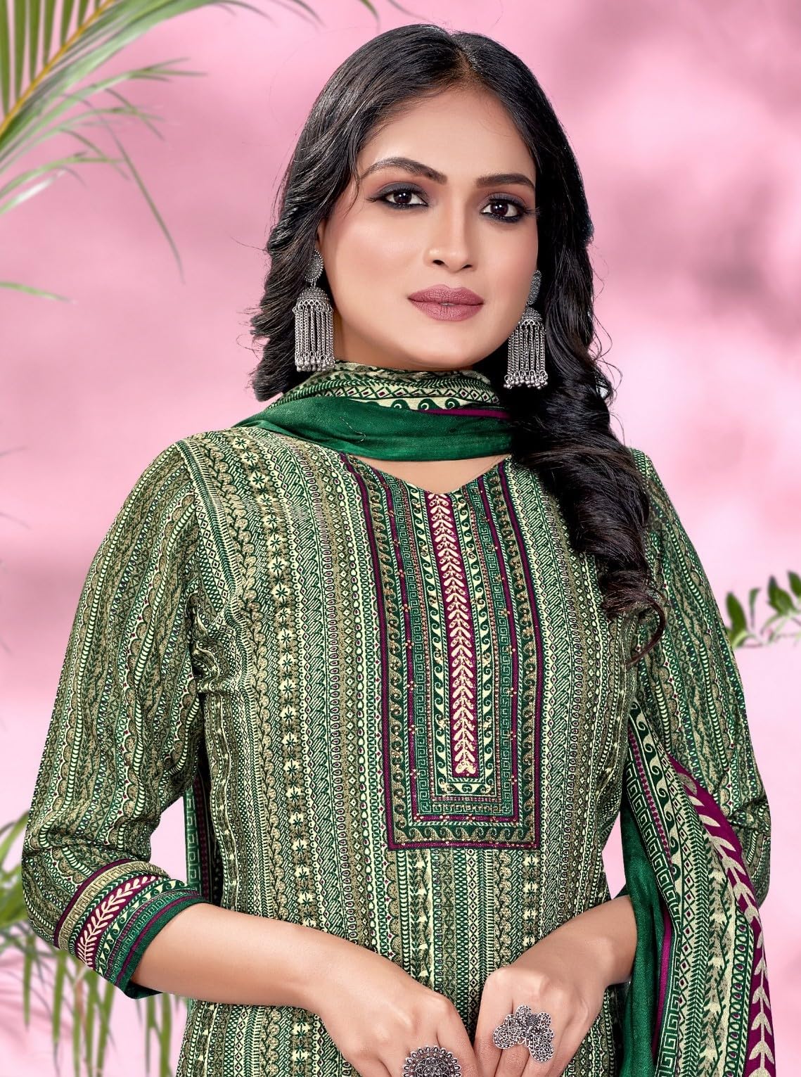 DRAVINAM Trends Women's Unstitched Kaani Print Pashmina Winter wear Dress Material Fabric for Salwar Suit with printed pashmina Kashmiri shawl dupatta (Green)