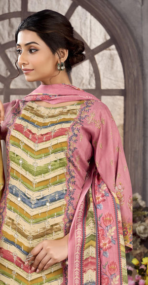 DRAVINAM Trends Women’s Ethnic Suit (Stitched, 3-Piece Set)– Heavy Viscose Rayon Designer Kurta with Heavy Handwork (2.5 m), Cotton Mal Mal Printed Dupatta (2.3 m), Bottom (3 m) (GOLDENROD, XL)